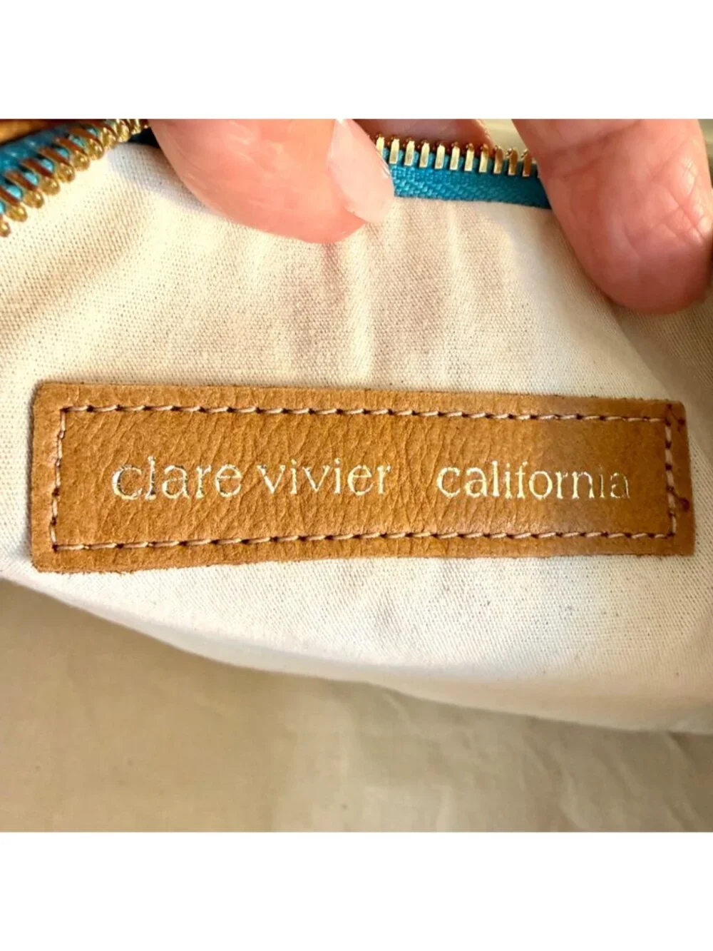 Clare V. Clare Vivier XL Leather Foldover Clutch Tan Turquoise Mint Inside EUC